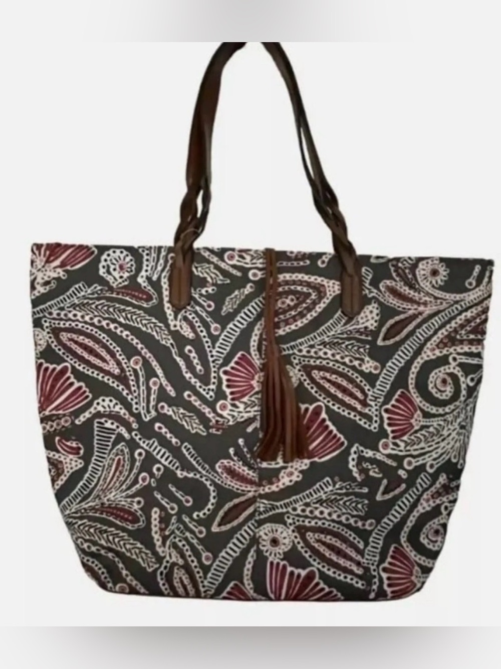 Stylish Paisley Print Tote Bag with Tassel - Brown & Burgundy